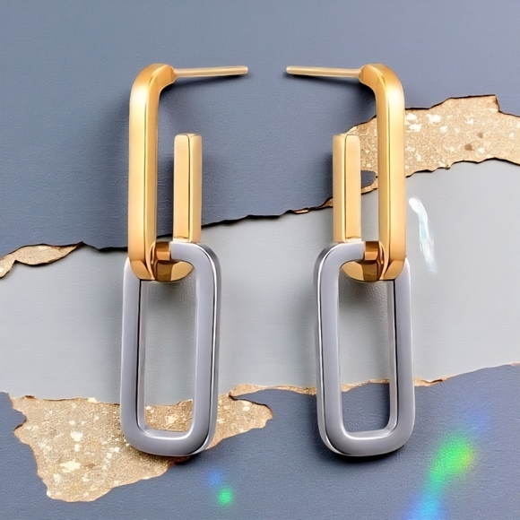 🆕️lMinimalist Chic Two Tone C Hoop Earrings 18K Gold Plated Stainless Steel - Picture 7 of 16